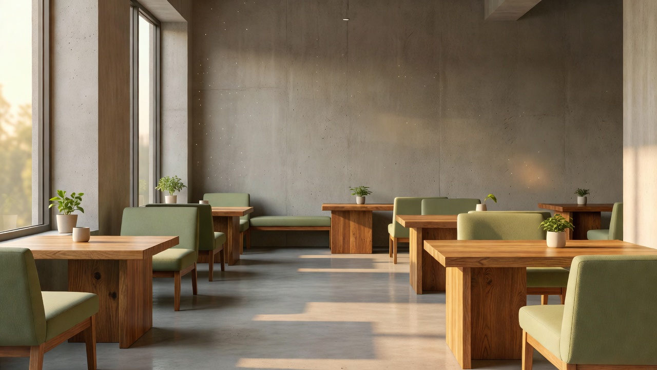 Beautiful sunlit Korean café interior showcasing warm wood tables, sage green accents, and concrete minimalist walls