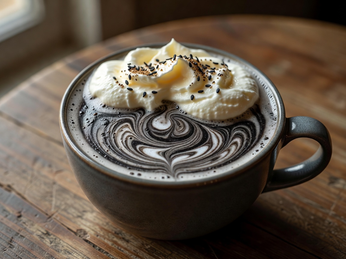 Black sesame latte with dark charcoal swirls and rich textured cream