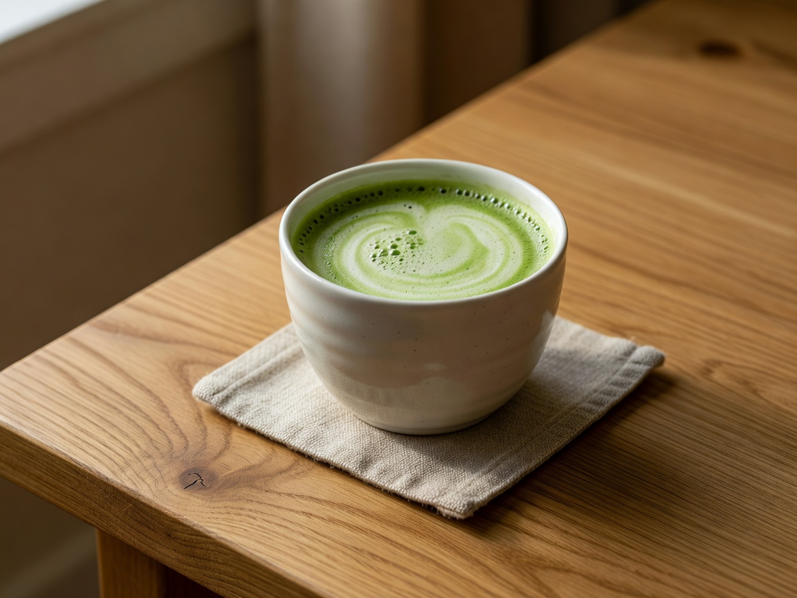 Ceramic cup of matcha latte on natural oak table with linen coaster