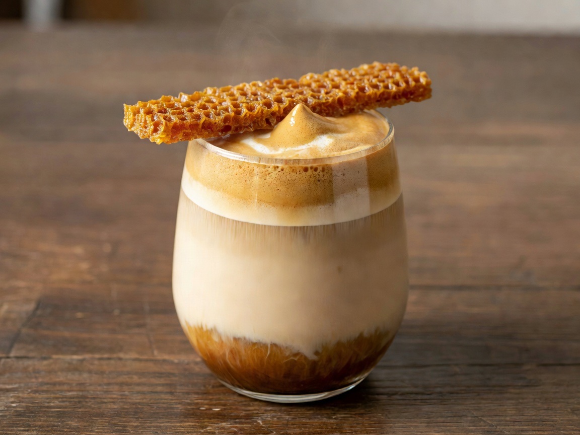 Dalgona latte with honeycomb toffee brittle resting over steamed oat milk and espresso
