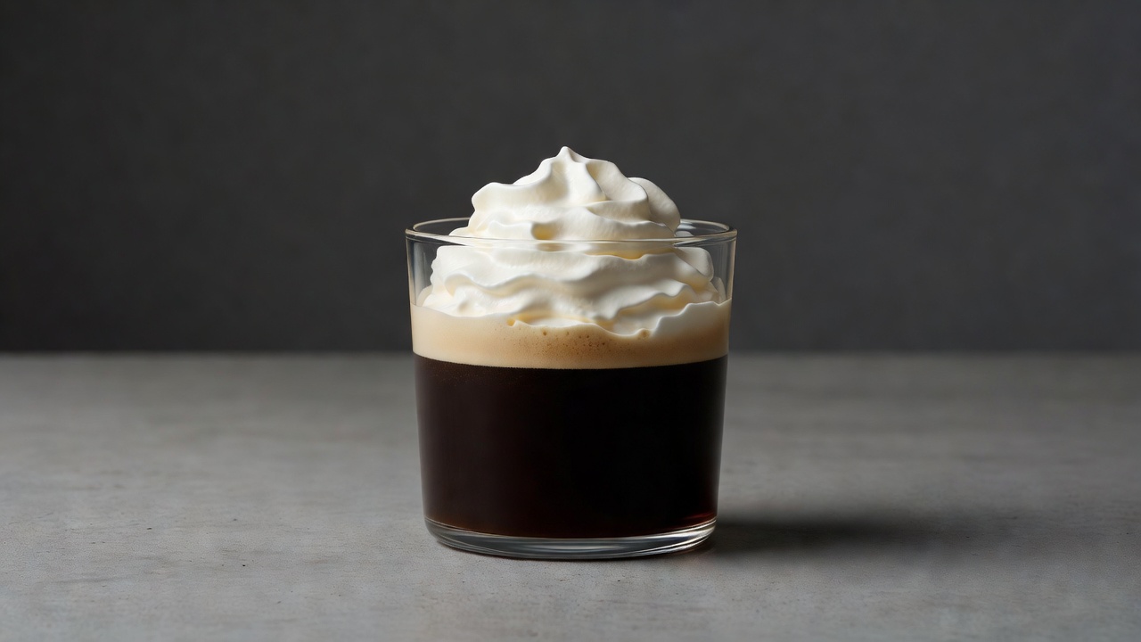 Detailed close up of Einspanner layered cream floating over espresso in glass cup