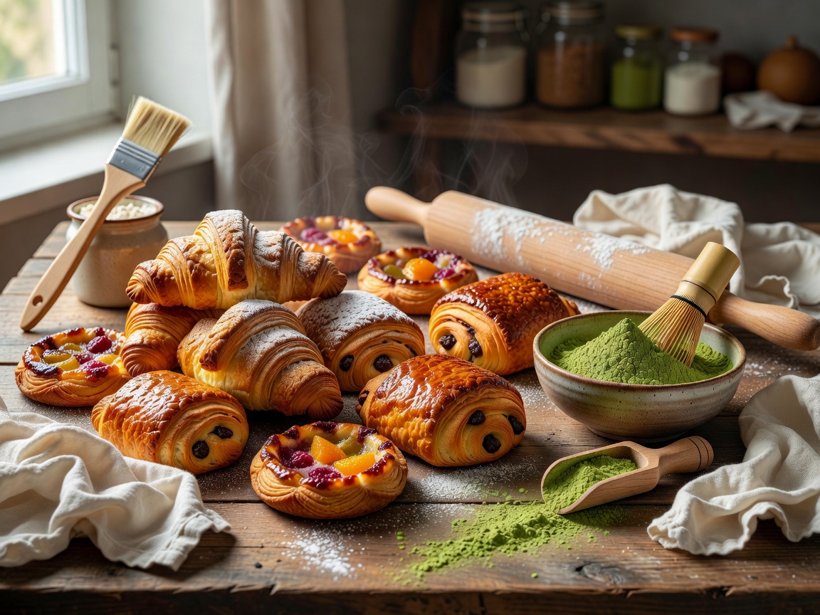 Freshly baked pastries and matcha powder on culinary table