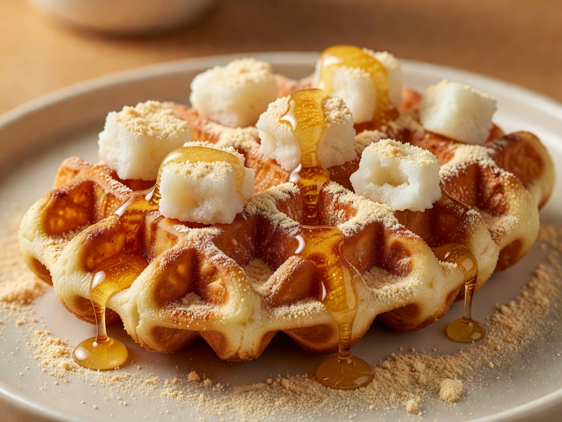 Golden injeolmi croffle dusted with roasted soybean powder, chewy rice cake bites, and honey drizzle