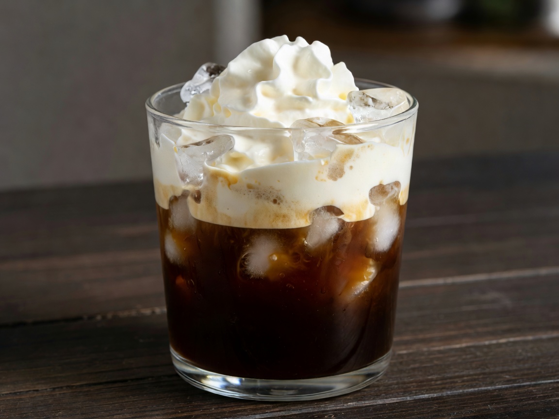 Iced Viennese style Einspanner coffee layered with dense whipped sweet cream on espresso