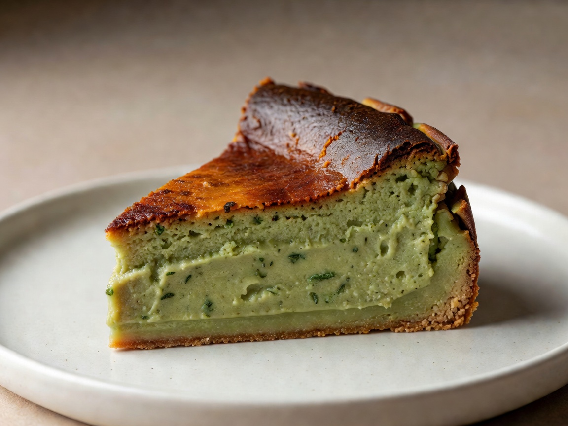 Mugwort Basque burnt cheesecake slice with green hue and caramelized top