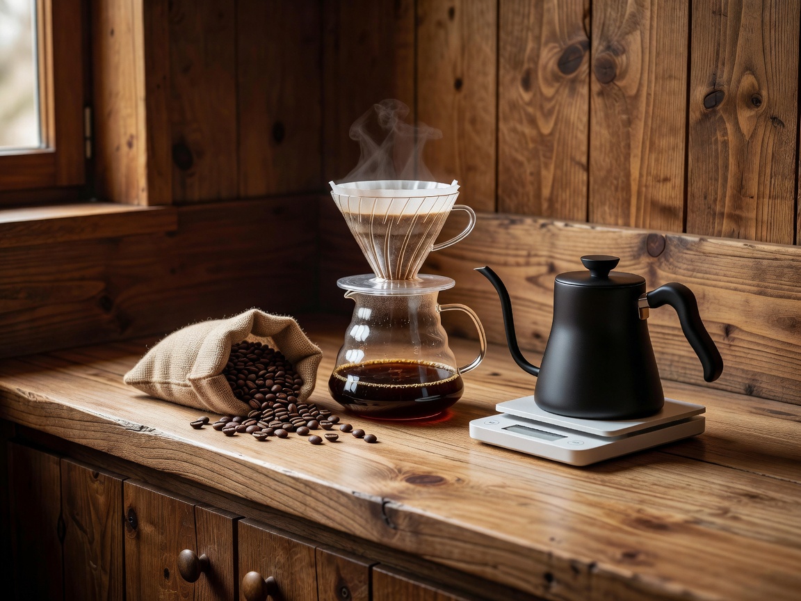Pour over specialty coffee brewing station in warm wooden setting