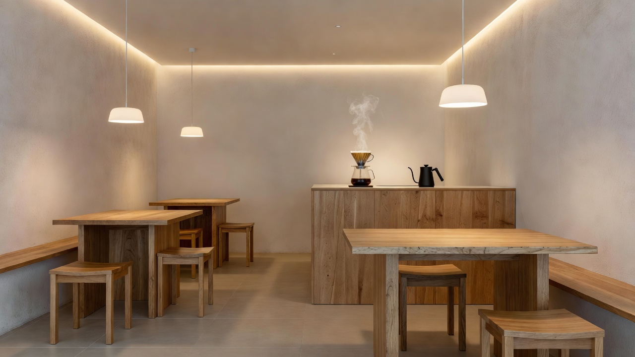 Serene minimalist Korean café interior with wooden tables, soft ambient warm lighting, and fresh coffee brewing