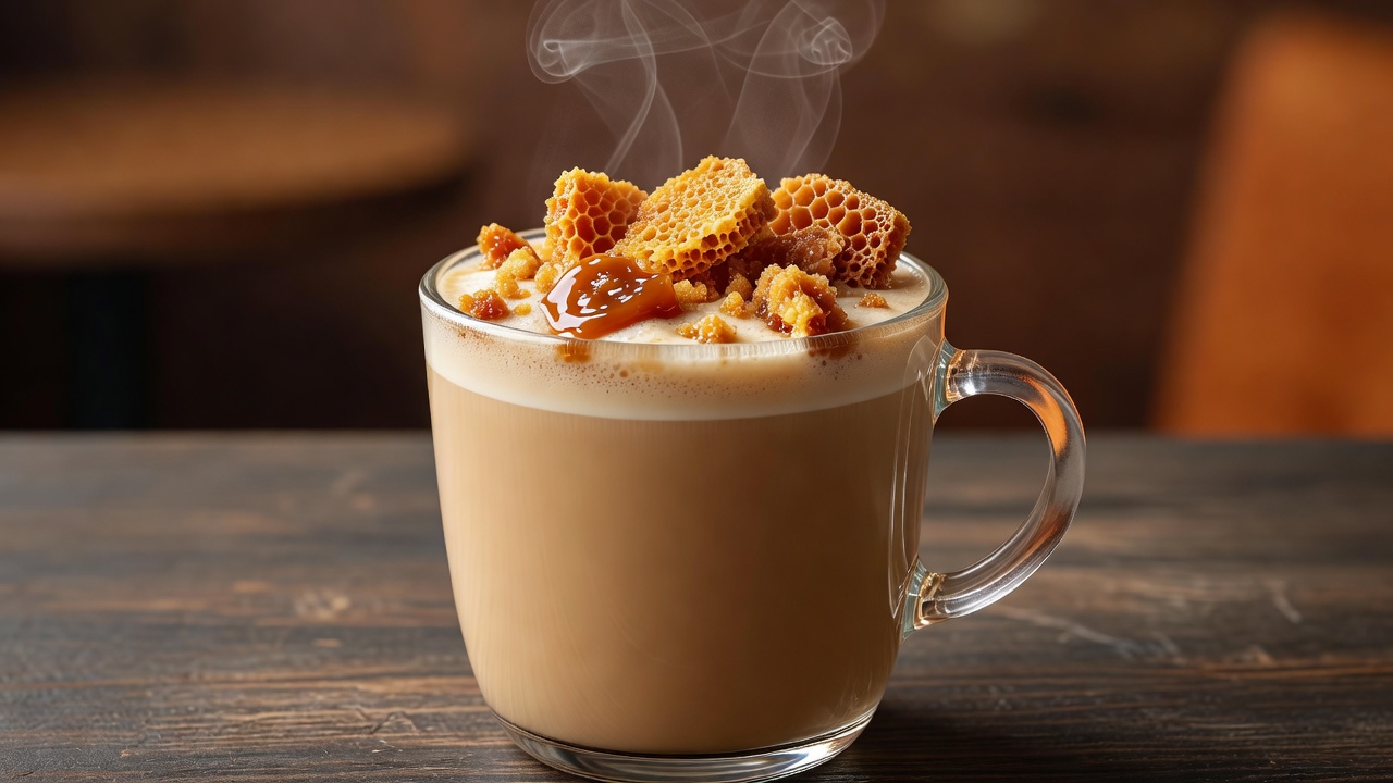 Warm steaming latte topped with caramelized dalgona honeycomb brittle pieces